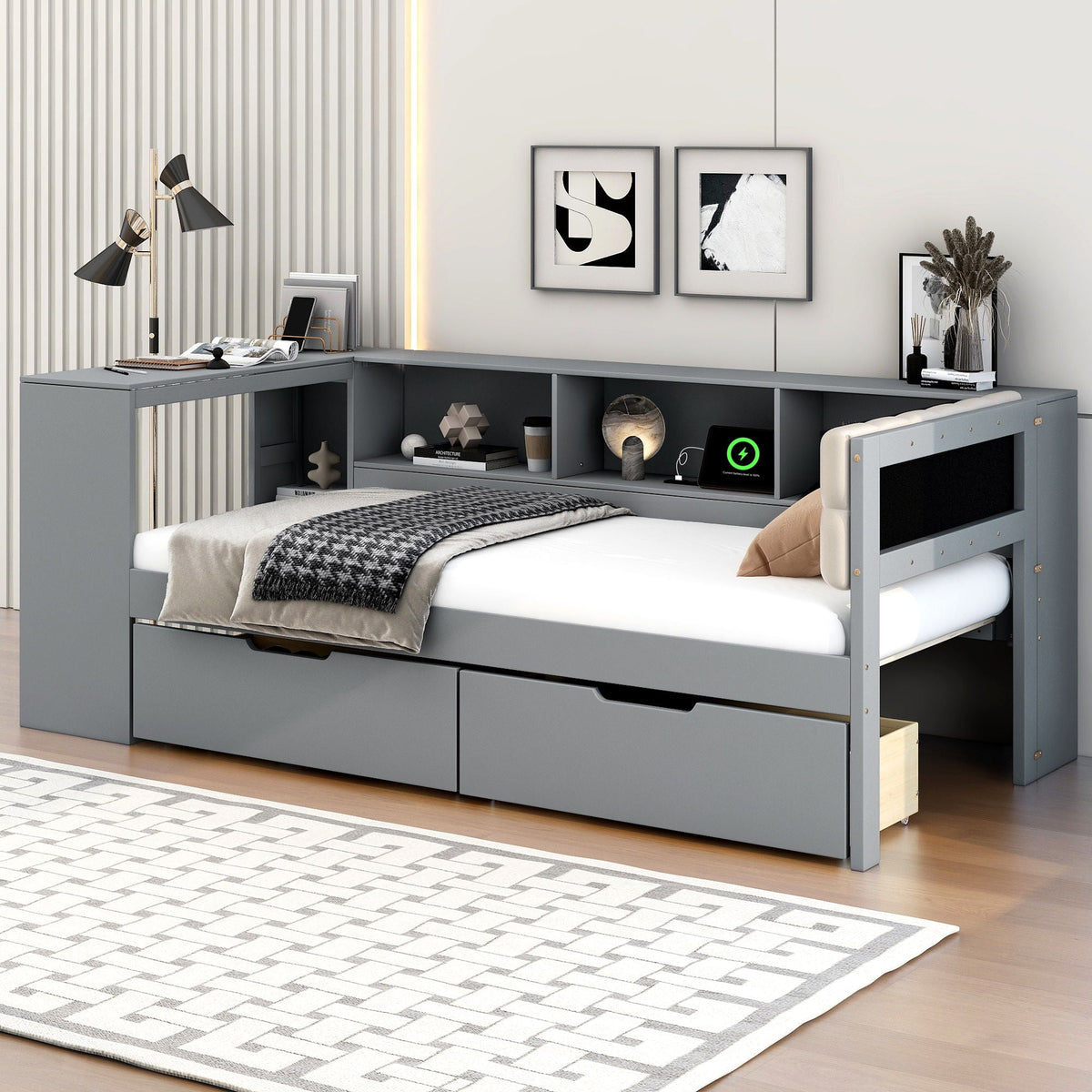 Upholstered Headboard Platform Bed With Storage Shelves, Drawers, Charging Station