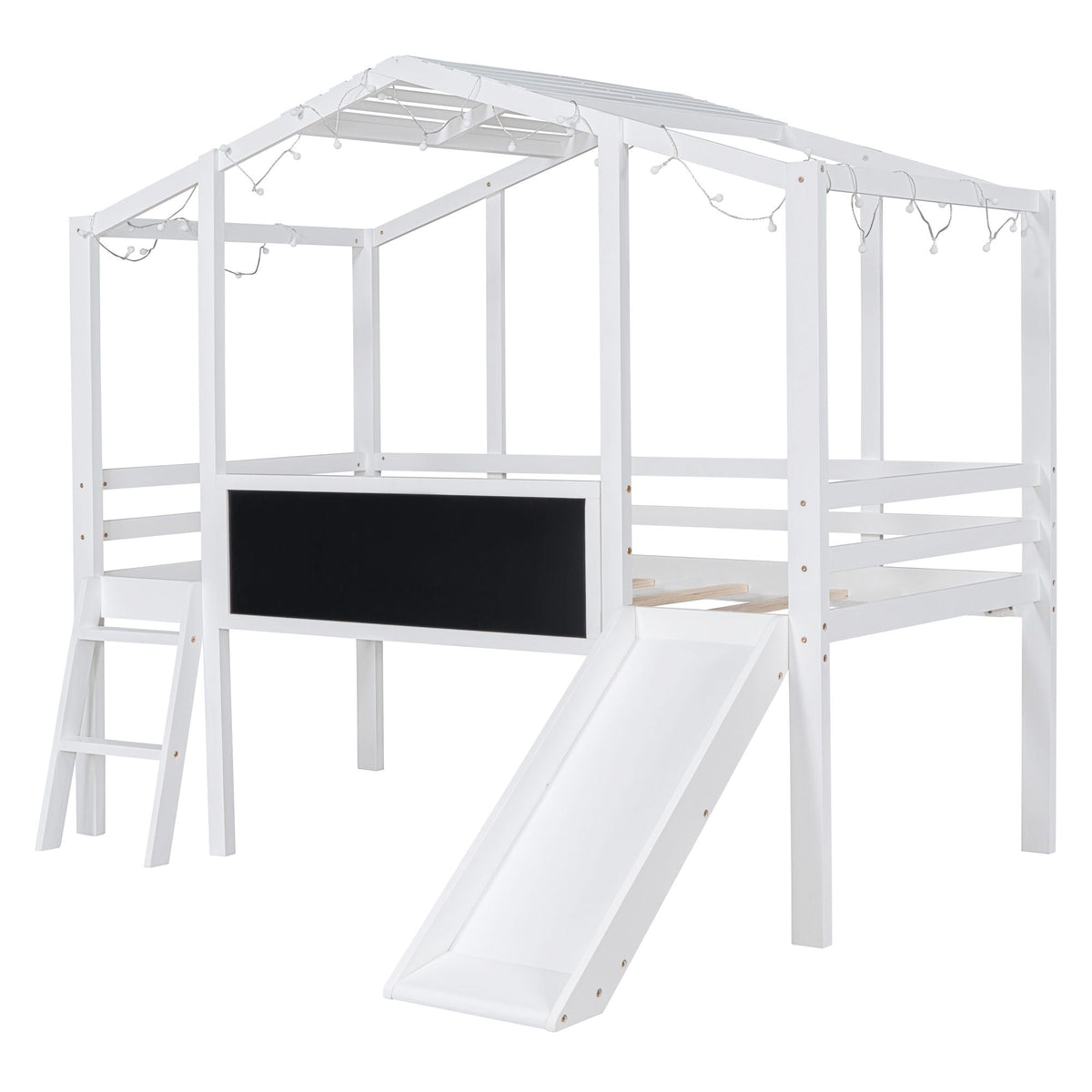Loft House Bed With Ladder And Slide, With board And Light Strip On The Roof