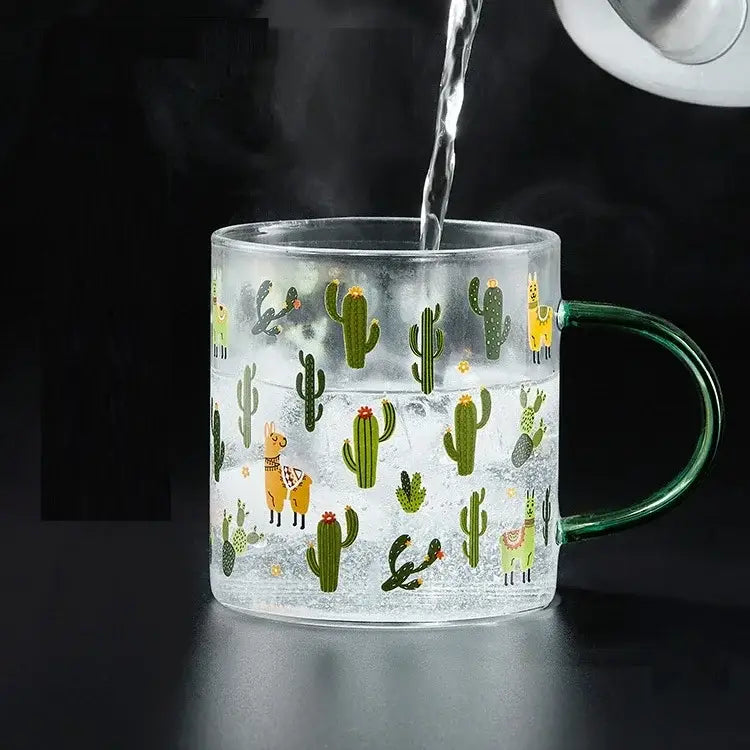 Cactus glass tea milk cups with llama pattern kitchen glassware