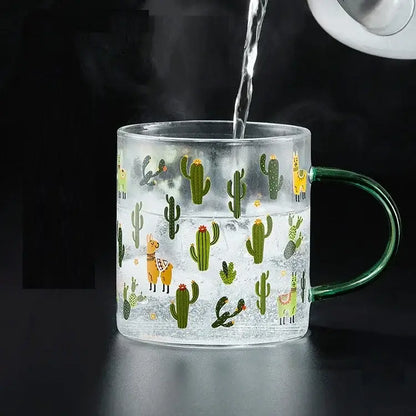 Cactus glass tea milk cups with llama pattern kitchen glassware