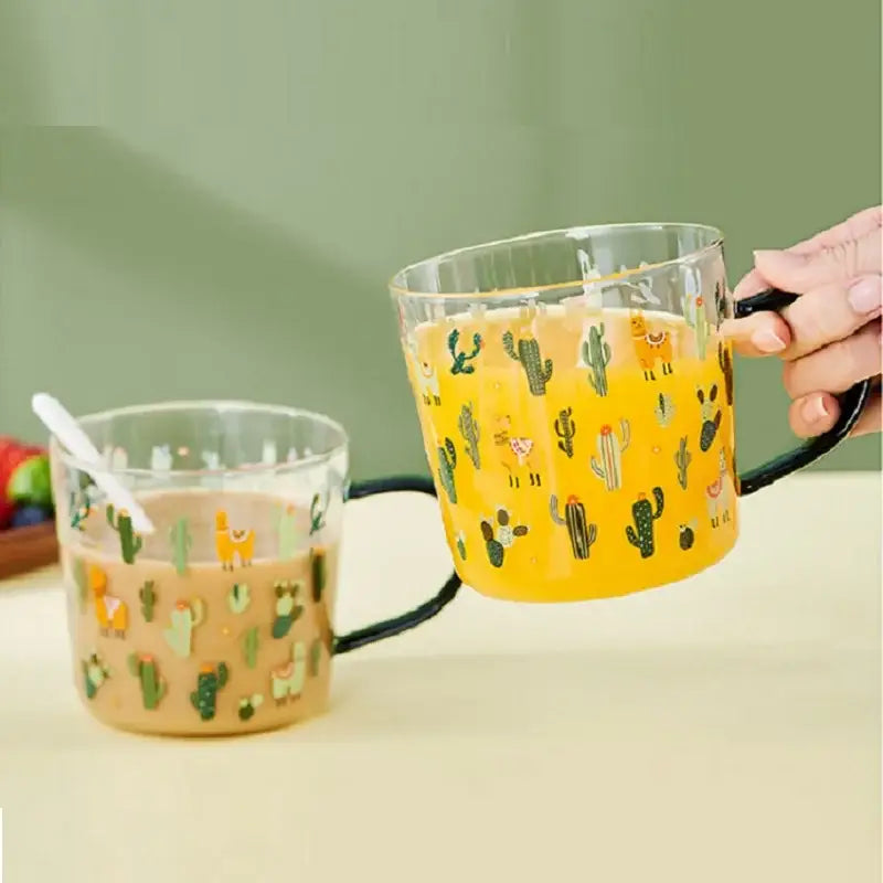 Cactus glass tea milk cups with llama pattern kitchen glassware