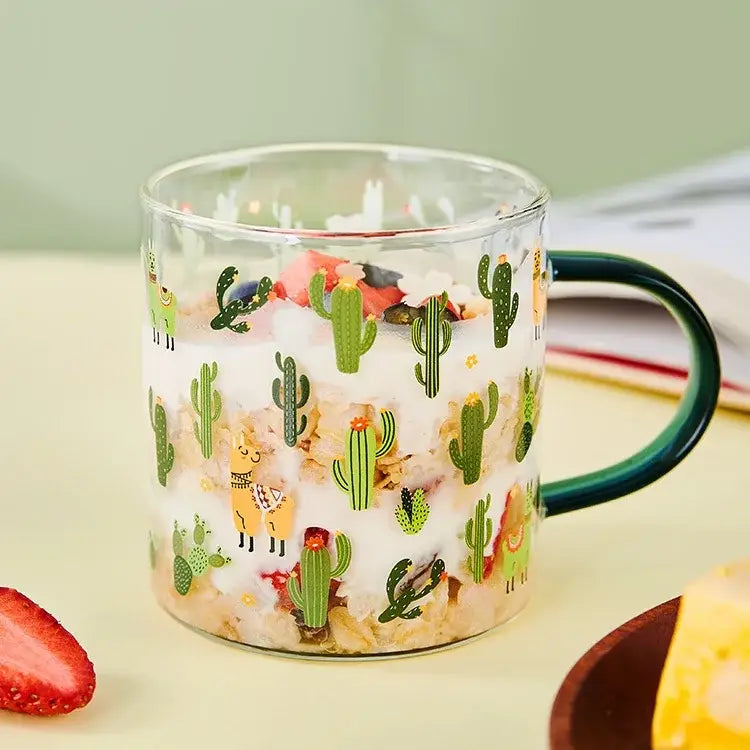 Cactus glass tea milk cups with llama pattern kitchen glassware