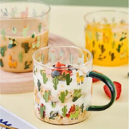 Cactus glass tea milk cups with llama pattern kitchen glassware