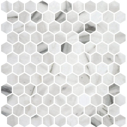Calacata Honed Hexagon Glass Mosaics 11 3/4x11 1/2