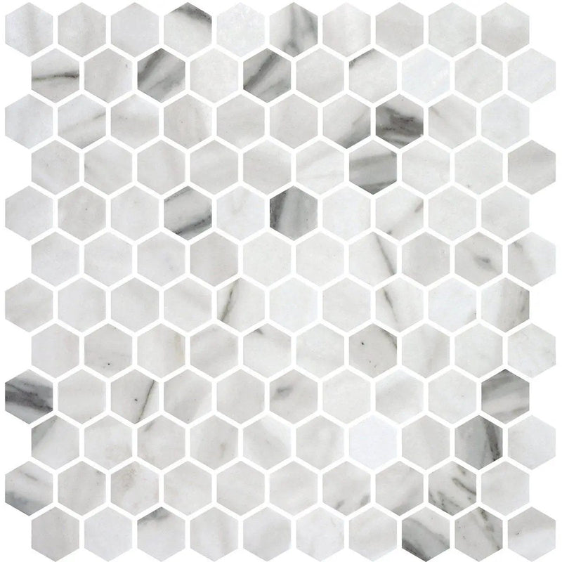 Calacata Honed Hexagon Glass Mosaics 11 3/4x11 1/2