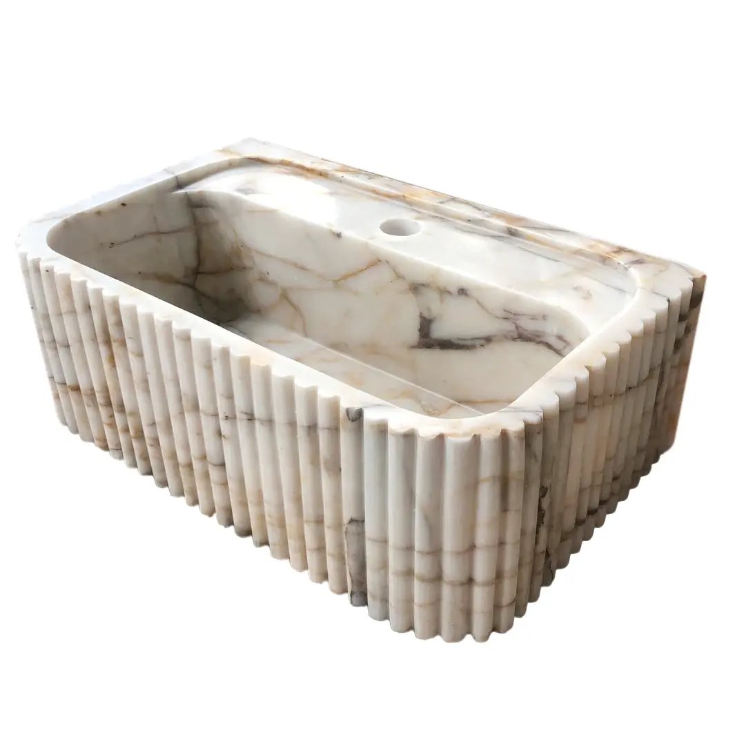 Calacatta Gold White Marble Vanity Sink With Fluted Design