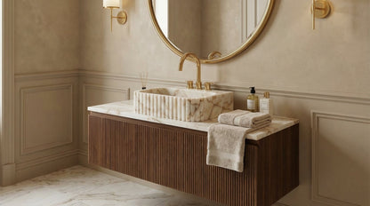 Calacatta Gold Marble Wall Mount Bathroom Vanity Sink with Fluted Design 16x20x6