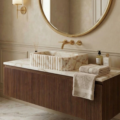 Calacatta Gold Marble Wall Mount Bathroom Vanity Sink with Fluted Design 16x20x6