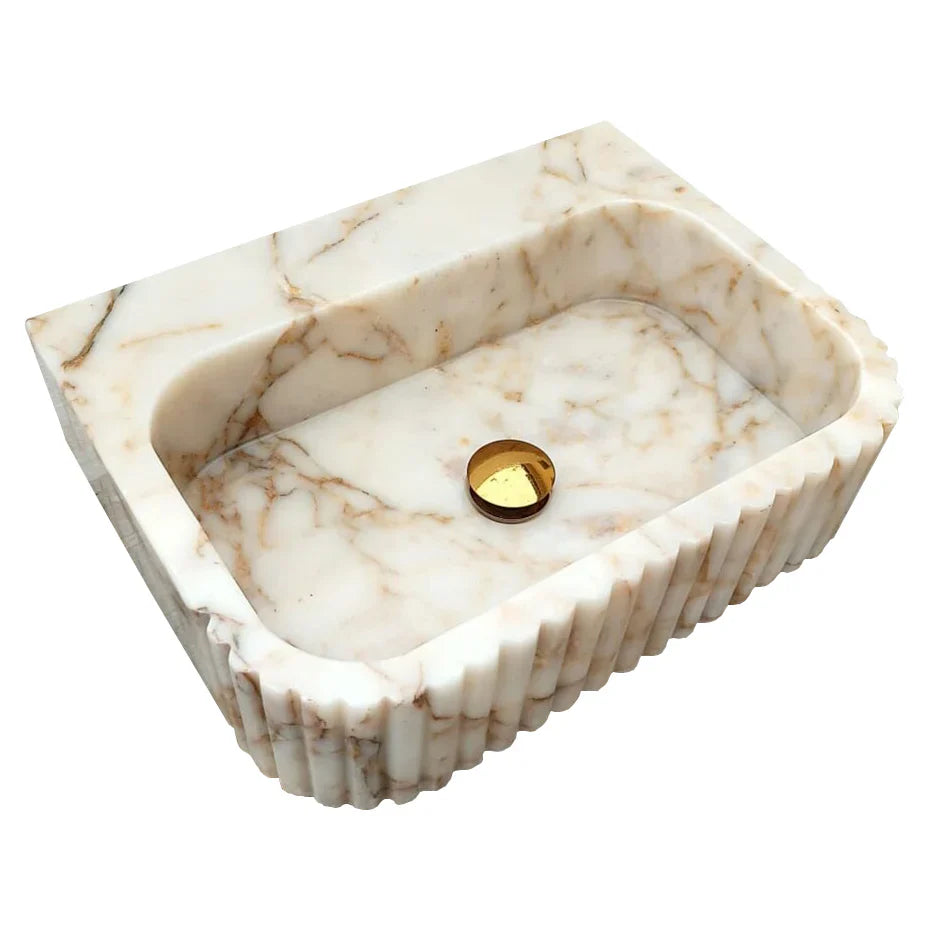 Calacatta Gold Marble Wall Mount Bathroom Vanity Sink with Fluted Design 16x20x6