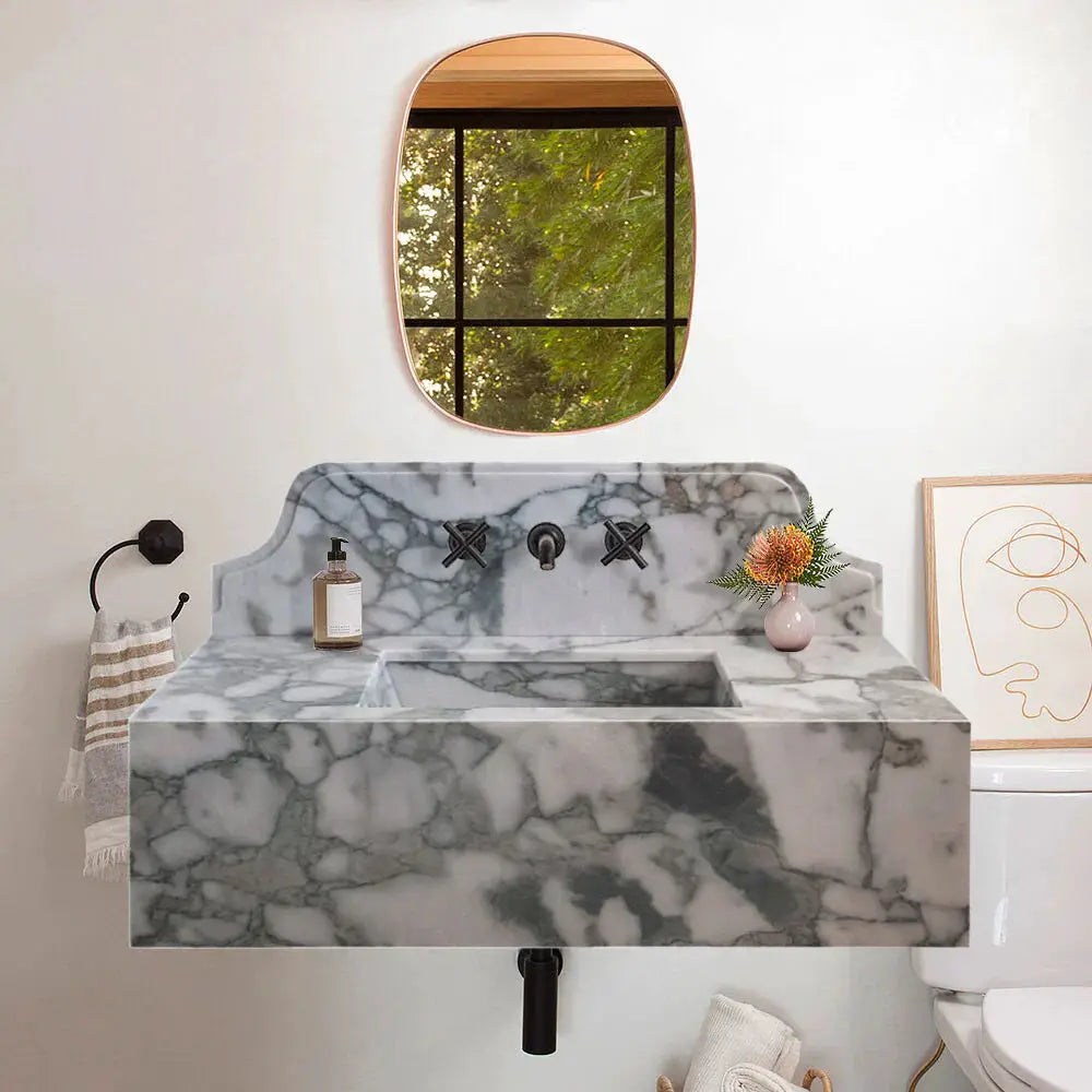 Custom Calacatta Verde Marble Wall Mount Bathroom Sink 34x16
