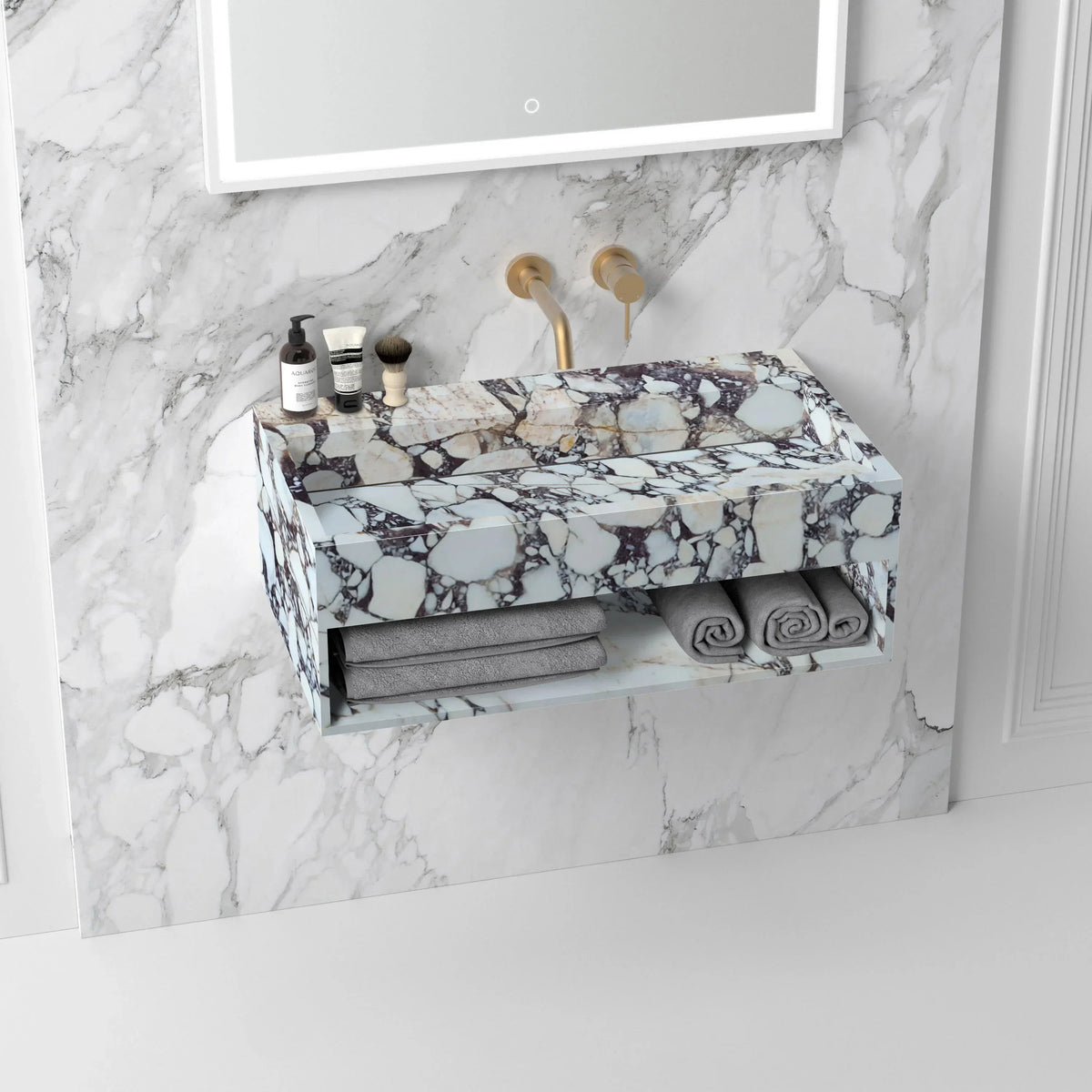 Wall Mount Calacatta Viola Marble Bathroom Sink With Storage