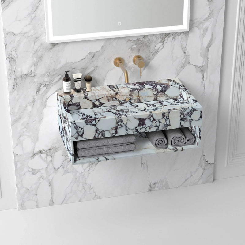 Wall Mount Calacatta Viola Marble Bathroom Sink With Storage