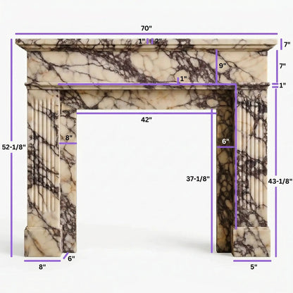Calacatta Viola Marble Fluted Fireplace Mantel Polished White Finish 70 x 52 x 7
