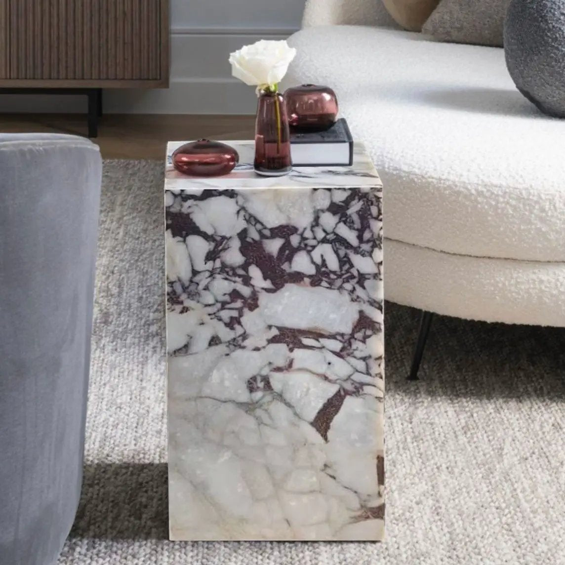 Calacatta Viola Marble Cube Design Modern Polished End Table Nightstand 14x14x24