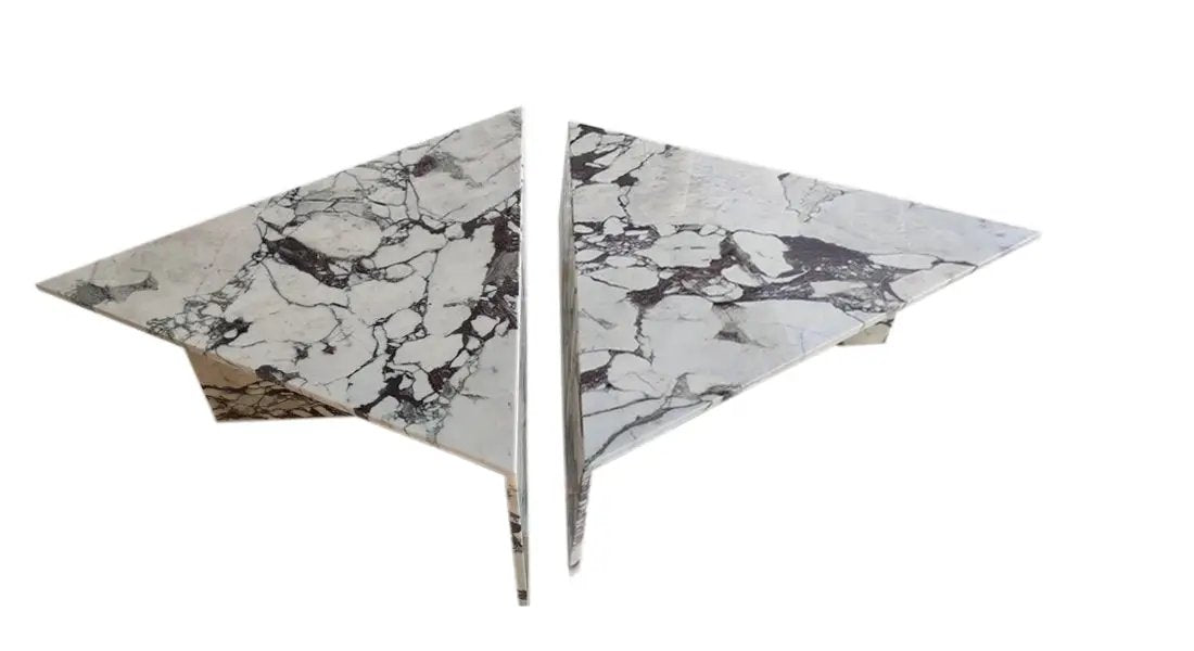 Calacatta Viola Marble Coffee Table Polished Triangular Design Handcrafted Set of Two