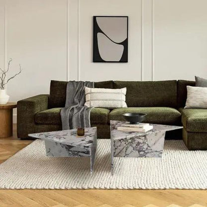 Calacatta Viola Marble Coffee Table Polished Triangular Design Handcrafted Set of Two