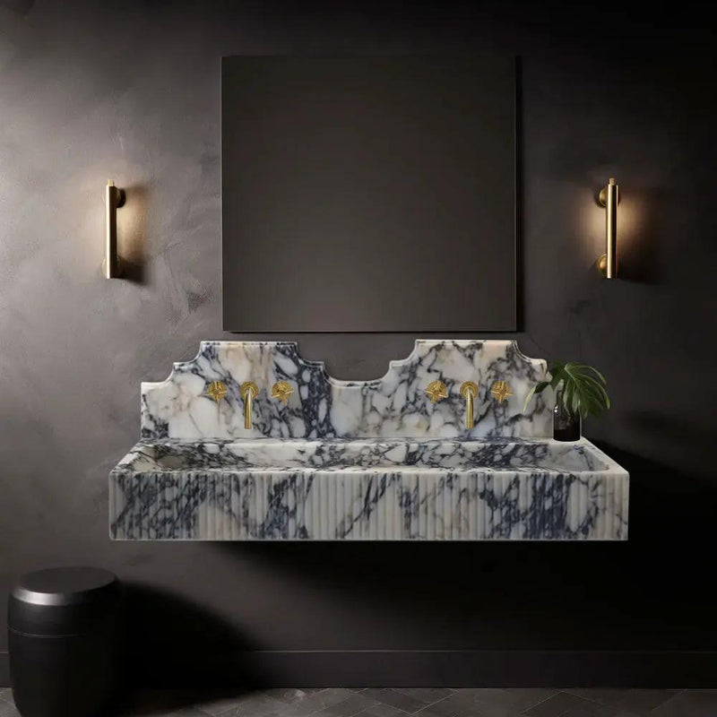 Dual Fluted Calacatta Viola Marble Vanity Sink 20x55 Wall Mount