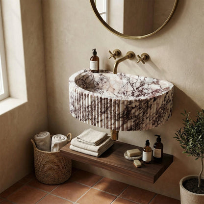 Calacatta Viola Marble Wall-Mount Fluted Bathroom Sink 16x24