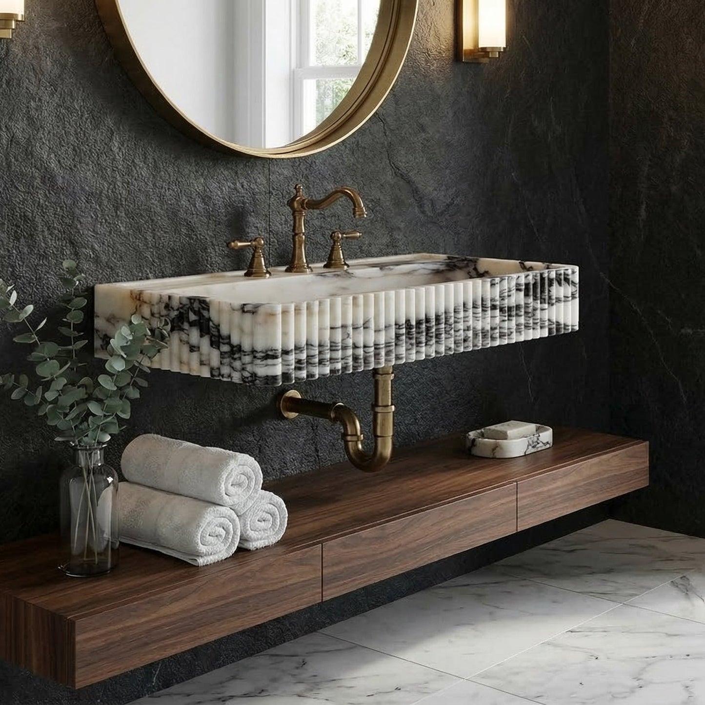 Calacatta Viola Marble Wall-Mount Rectangular Fluted Bathroom Sink - Polished