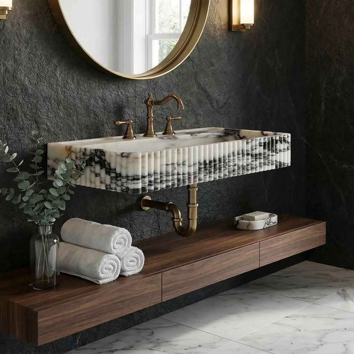 Hand Sculpted Polished Calacatta Viola Fluted Marble Wall Mount Rectangular Bathroom Sink White Gray