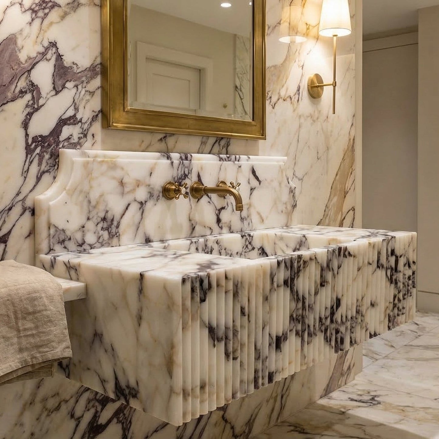 Calacatta Viola Marble Wall Mount Bathroom Vanity Sink - Fluted 21x37