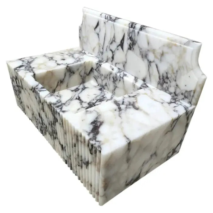 Fluted White Wall Mount Marble Vanity Sink Gray Veining With Backsplash