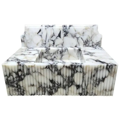Fluted White Wall Mount Marble Vanity Sink Gray Veining With Backsplash