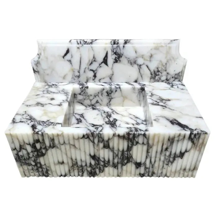 Fluted White Wall Mount Marble Vanity Sink Gray Veining With Backsplash