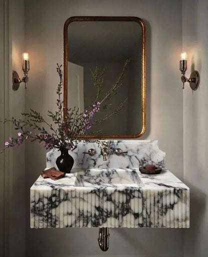 Fluted White Wall Mount Marble Vanity Sink Gray Veining With Backsplash