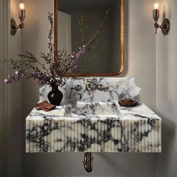 Calacatta Viola Marble Wall Mount Bathroom Vanity Sink - Fluted 21x37