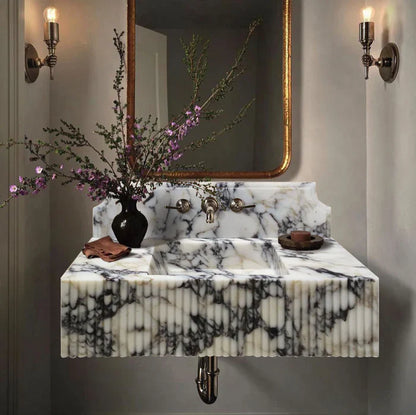 Calacatta Viola Marble Wall Mount Bathroom Vanity Sink - Fluted 21x37