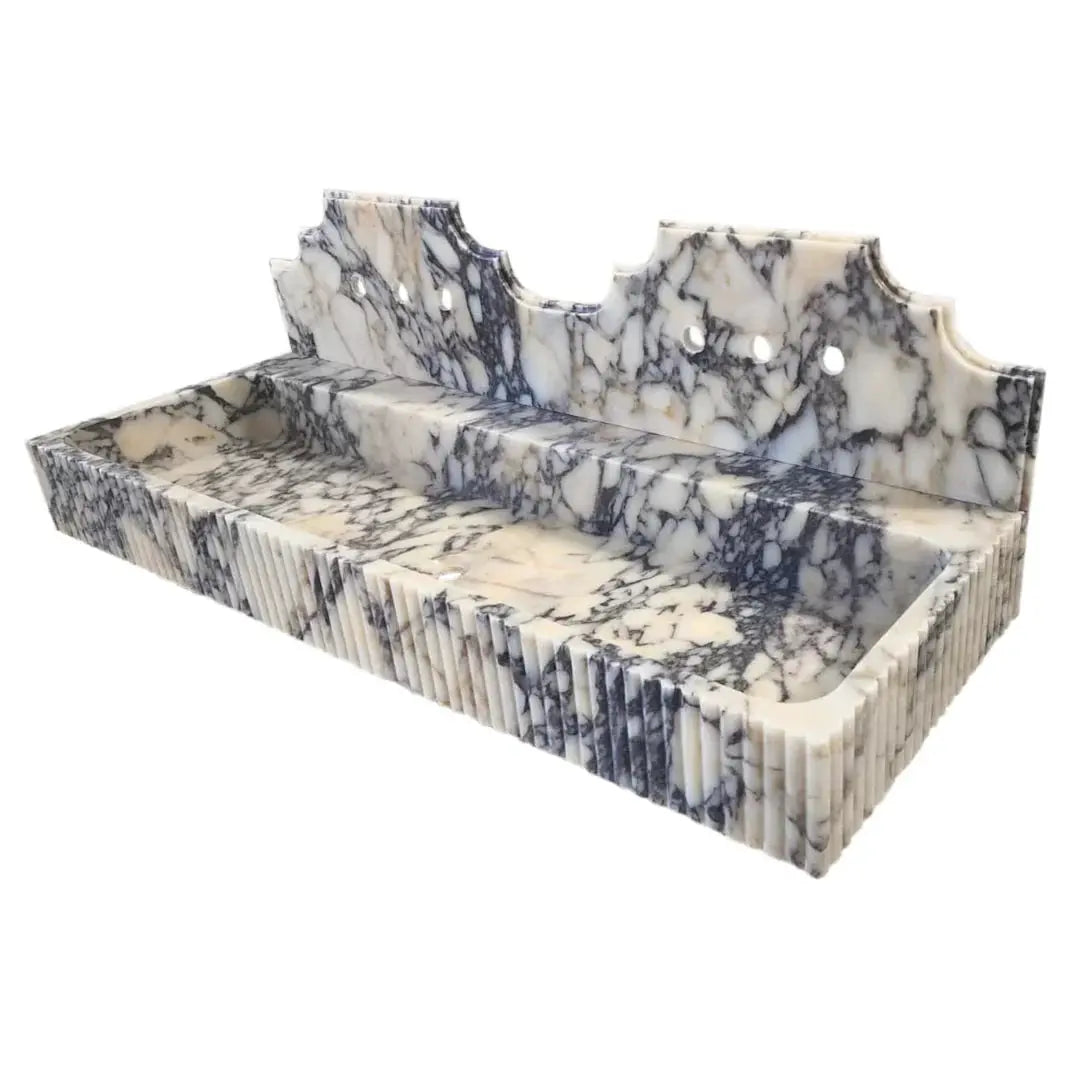 Dual Fluted Calacatta Viola Marble Vanity Sink 20x55 Wall Mount