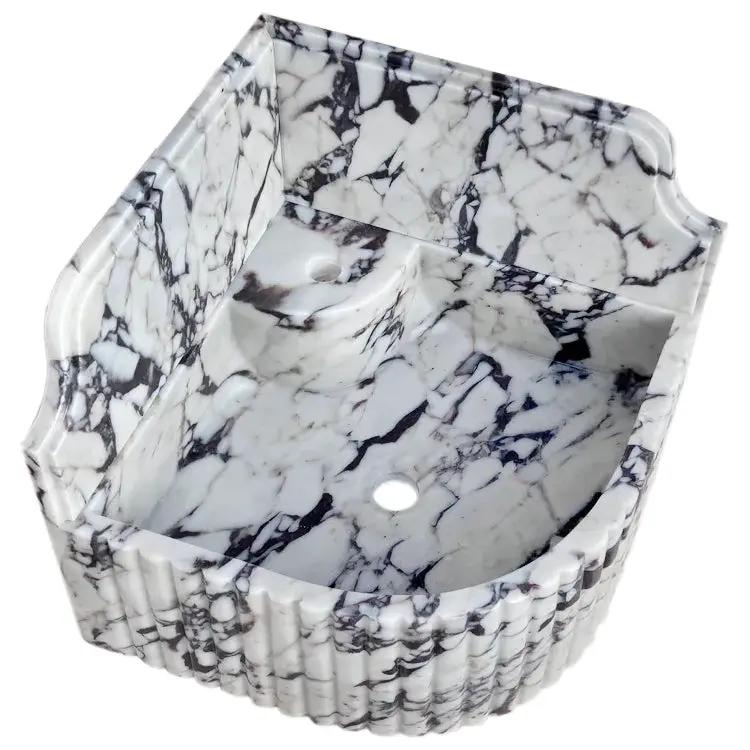 GMStone White Black 16 Inch Wall Mounted Corner Marble Sink