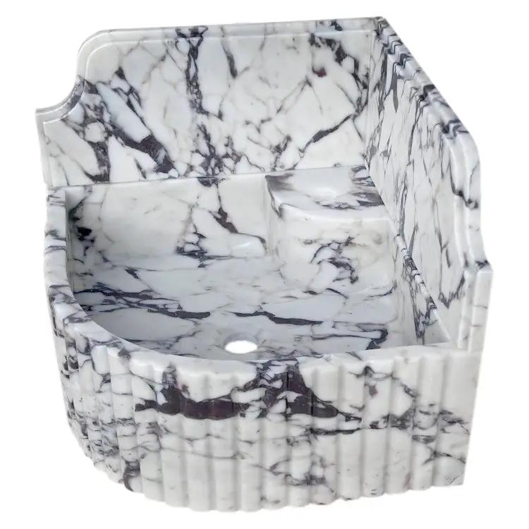 GMStone White Black 16 Inch Wall Mounted Corner Marble Sink