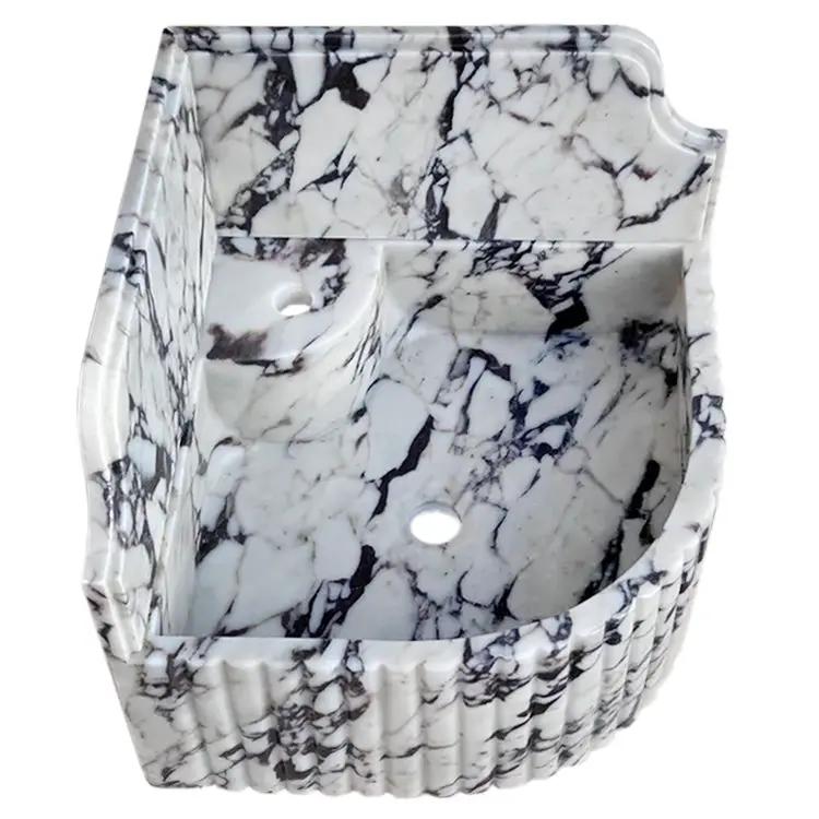 GMStone White Black 16 Inch Wall Mounted Corner Marble Sink