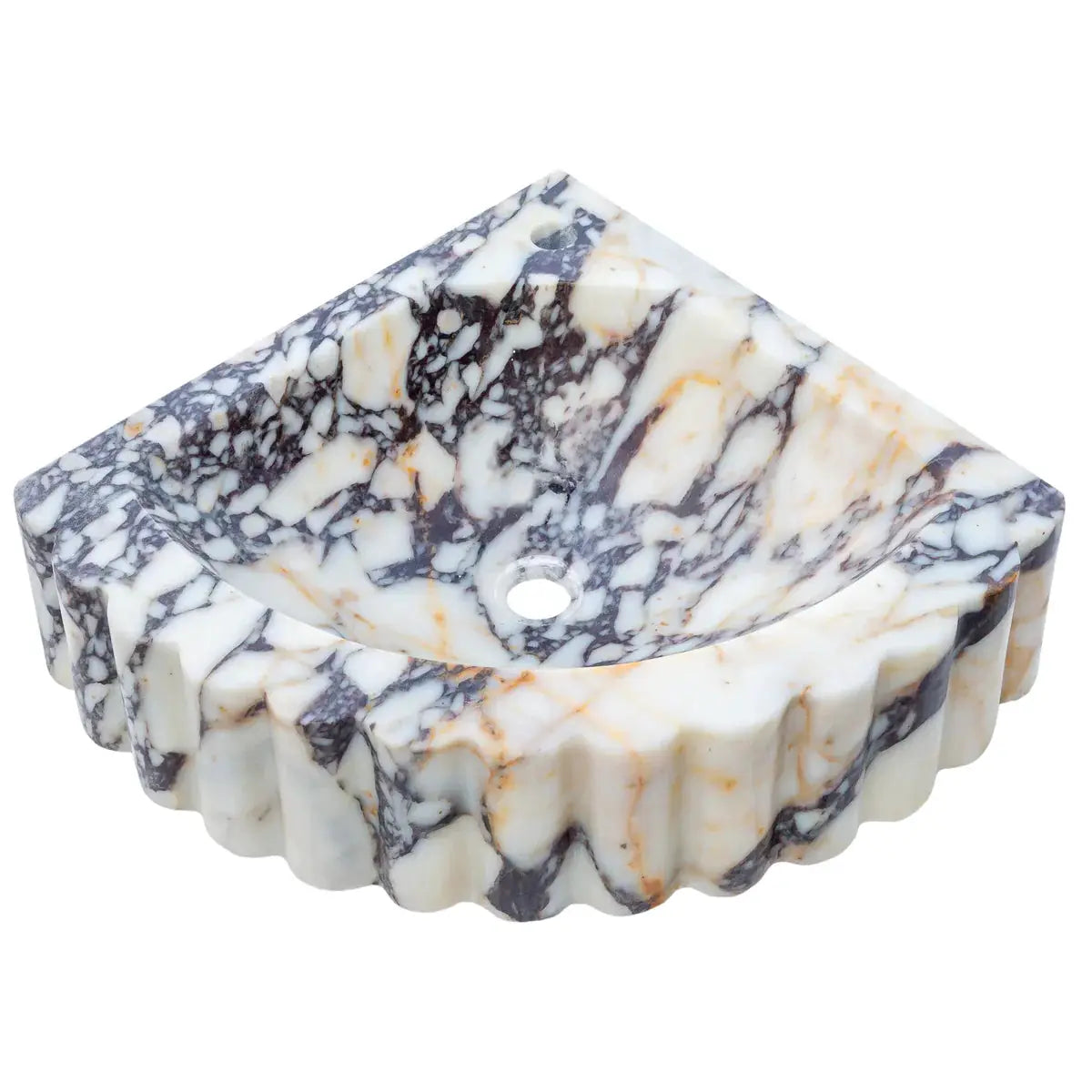 Custom Calacatta Viola Marble Corner Wall Mount Sink With Ribbed Texture 20x20 Inches