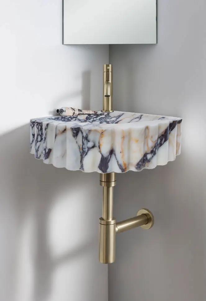 Custom Calacatta Viola Marble Corner Wall Mount Sink With Ribbed Texture 20x20 Inches