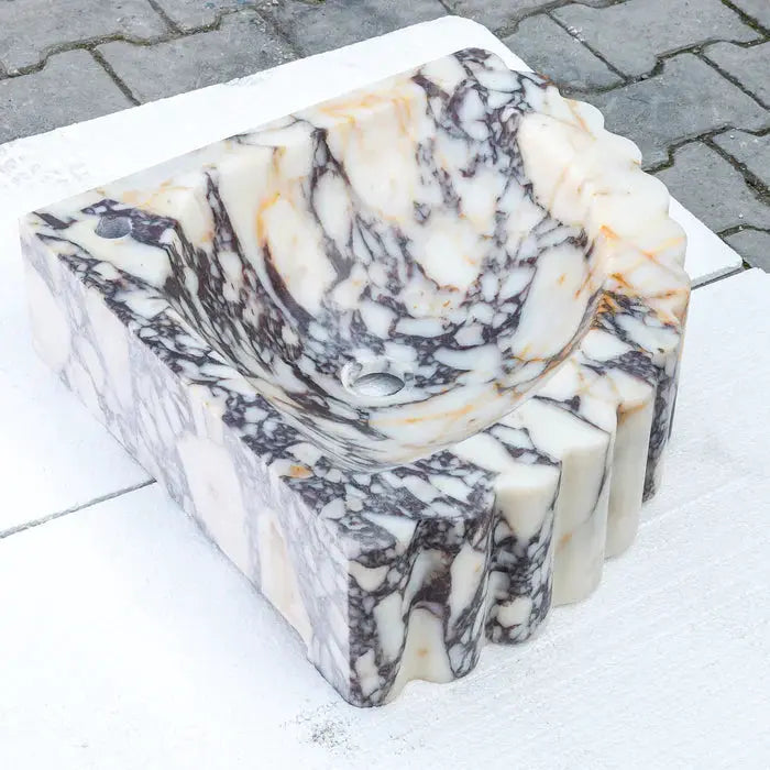 Custom Calacatta Viola Marble Corner Wall Mount Sink With Ribbed Texture 20x20 Inches