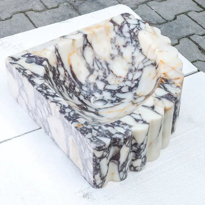 Custom Calacatta Viola Marble Corner Wall Mount Sink With Ribbed Texture 20x20 Inches