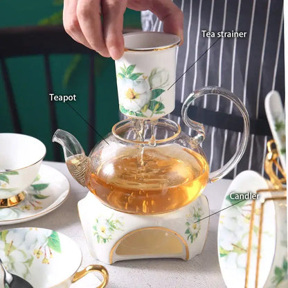 Camellia floral tea set white & gold dining room porcelain teaware