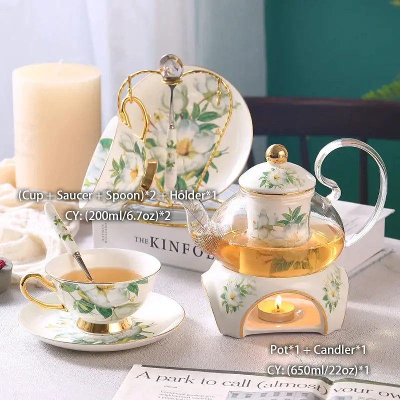 Camellia floral tea set white & gold dining room porcelain teaware