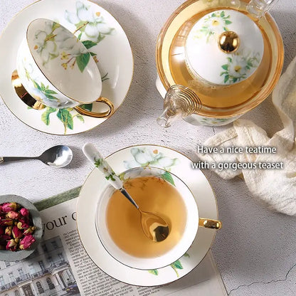 Camellia floral tea set white & gold dining room porcelain teaware