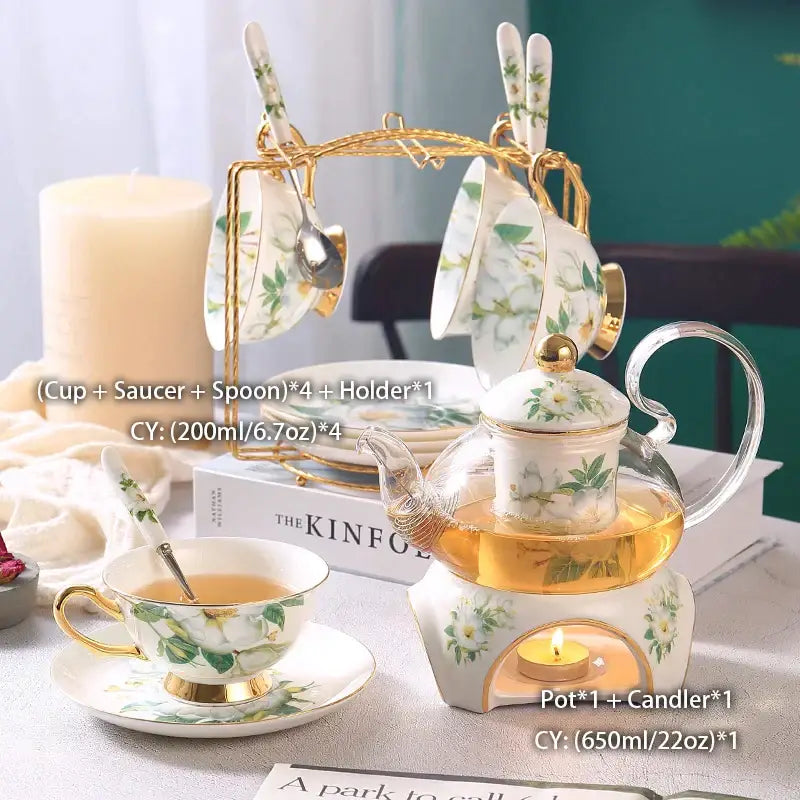 Camellia floral tea set white & gold dining room porcelain teaware