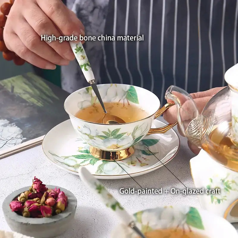 Camellia floral tea set white & gold dining room porcelain teaware