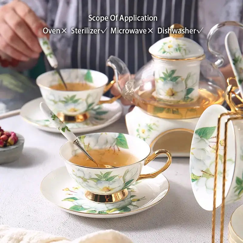 Camellia floral tea set white & gold dining room porcelain teaware
