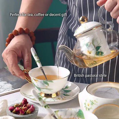 Camellia floral tea set white & gold dining room porcelain teaware