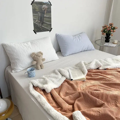 Camellia jacquard lamb wool mint & white cozy blanket bedroom quilt