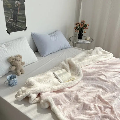 Camellia jacquard lamb wool mint & white cozy blanket bedroom quilt