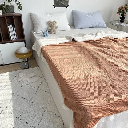 Camellia jacquard lamb wool mint & white cozy blanket bedroom quilt