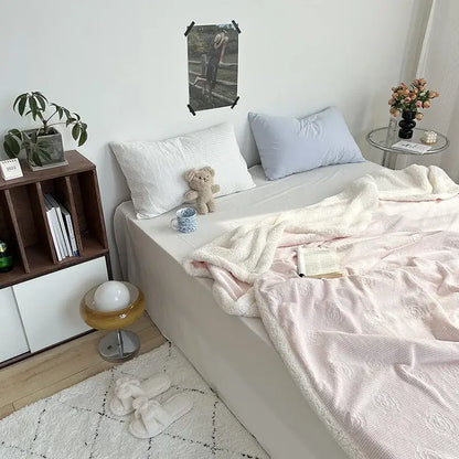 Camellia jacquard lamb wool mint & white cozy blanket bedroom quilt